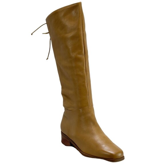 MARKON Women's Tan Leather Knee-High Boots Lace-Up Back Low Heel Size - Picture 1 of 11
